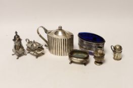 A George III silver mustard, by Peter & Jonathan Bateman, London, 1790 and six other minor silver