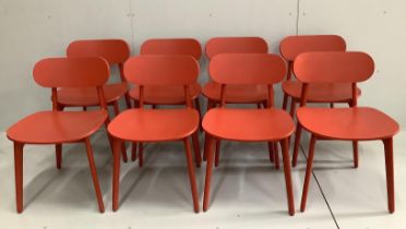 In the manner of Pearson Lloyd, a set of eight PLC type red lacquer oak chairs, width 47cm, depth