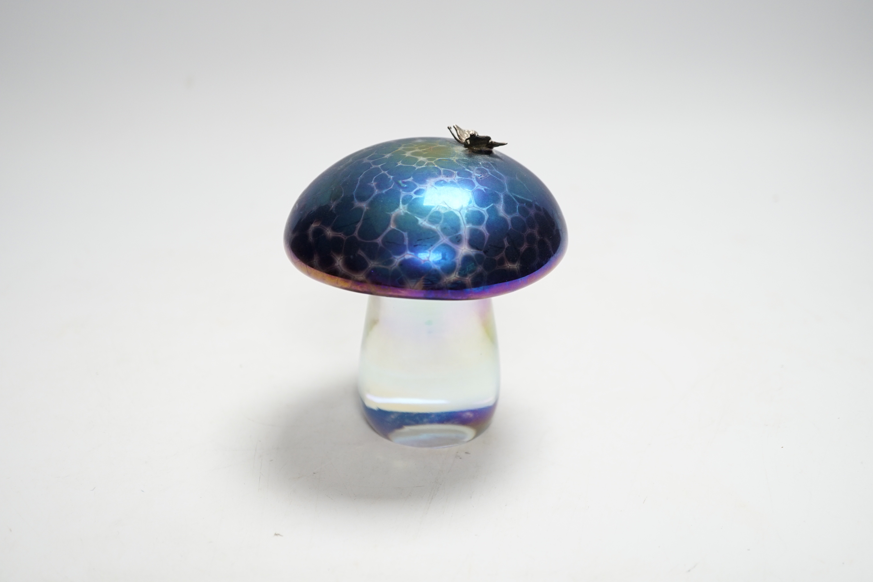 A John Ditchfield glassform mushroom with applied butterfly, signed to base, 11cm high - Image 3 of 3