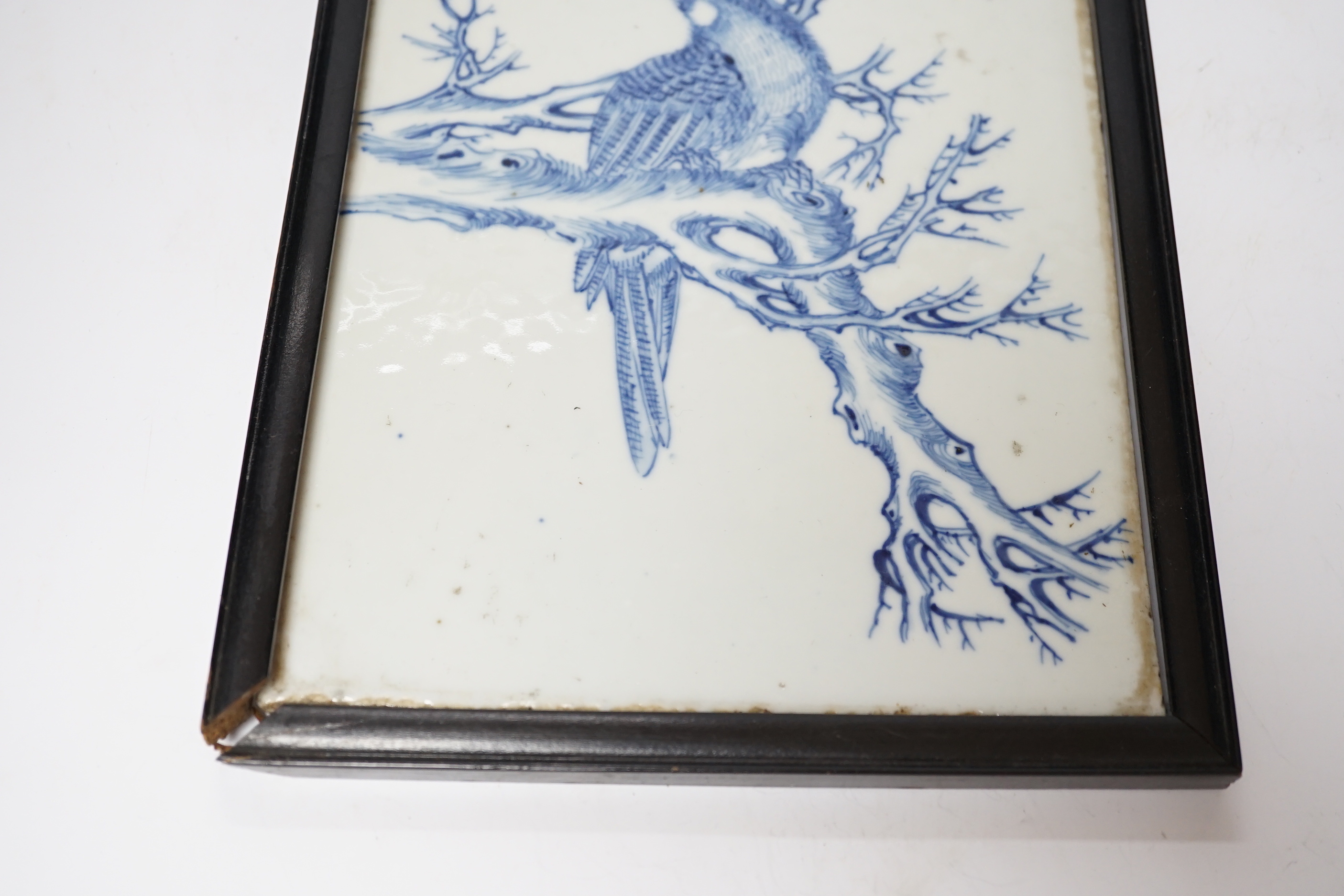 A late 19th century Chinese blue and white plaque of a bird, ebonised frame, 19cm wide x 30cm high - Image 3 of 4
