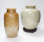 A 19th century Chinese crackle glaze vase on stand and a cafe-au-lait glazed vase, Chinese vase