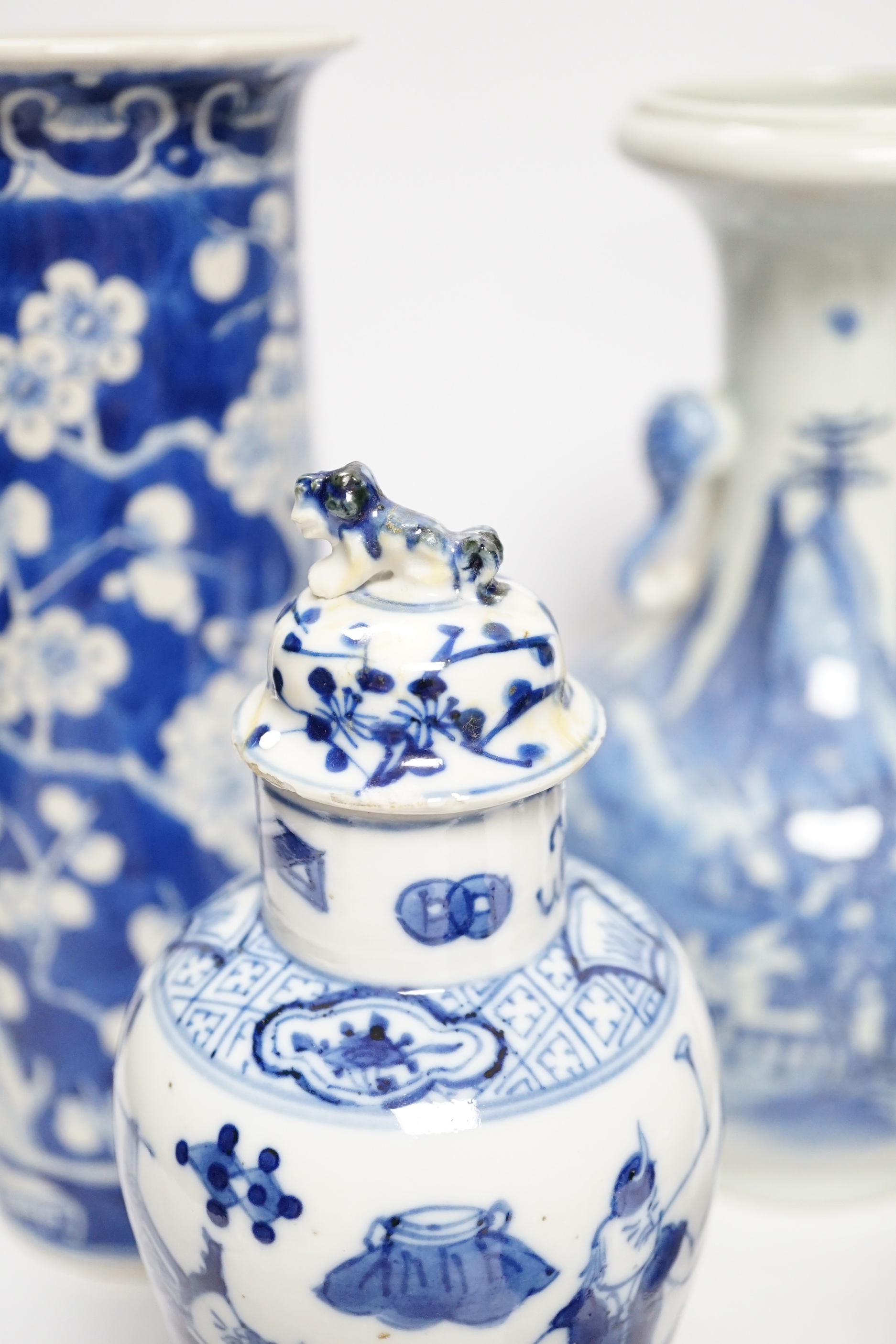 A late 19th century Chinese blue and white twin elephant head handle vase and five other 19th - Image 3 of 14