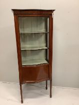 An Edwardian satinwood strung serpentine mahogany display cabinet, width 71cm, depth 39cm, height