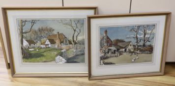 Ronald Dean (1929-2023), two heightened watercolours, ‘Free Range’ and ‘Tilford Cottage’, each