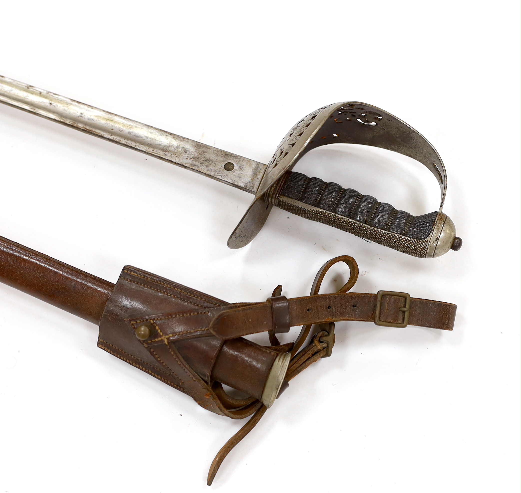 A George V 1897 pattern infantry officer's sword, with scabbard and leather hanger, blade 82cm - Image 2 of 7