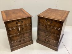 A pair of reproduction George III style banded walnut two drawer filing chests, width 54cm, depth
