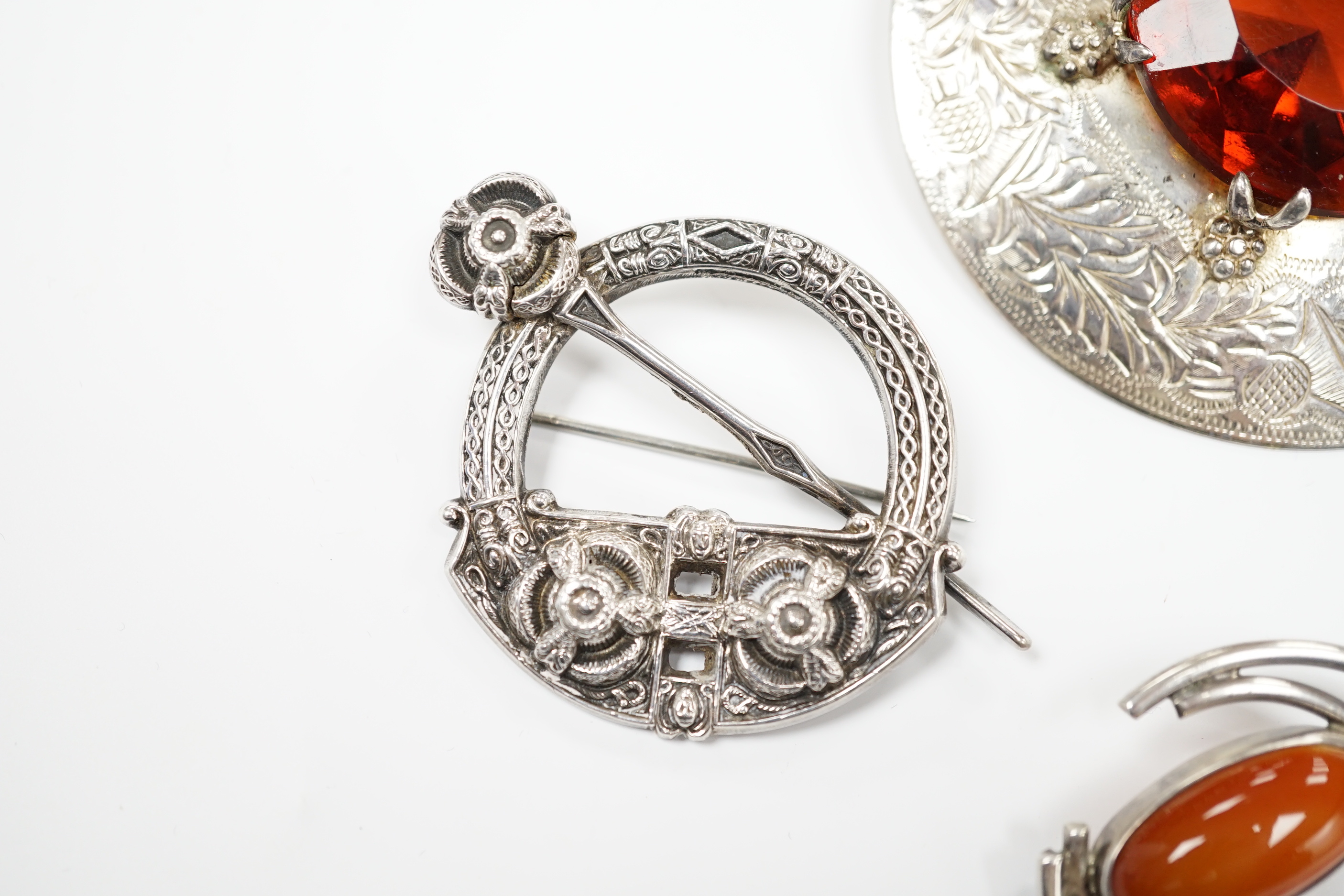 A 1950's Scottish silver and citrine coloured paste set circular brooch, 68mm, an Edwardian silver - Image 4 of 7