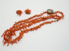Two jagged coral necklaces, 46cm with a pair of similar earrings and a micro-mosaic and porcelain