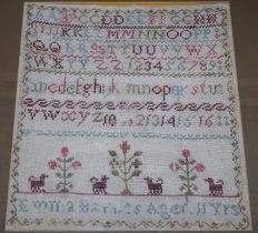 Two Victorian alphabet samplers worked by Emma and Hannah Barnes, one dated 1853, framed as one,