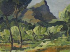 French School, oil on canvas board, Mountainous landscape, indistinctly signed, 30 x 41cm, unframed