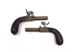 A pair of 19th century box lock, percussion pistols, with turn off Damascus twist barrels,
