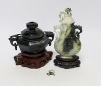 A Chinese jadeite vase and cover and a hardstone censer and cover, both cased and with hardwood