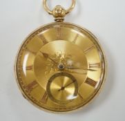 A Victorian 18ct. gold open face keywind pocket watch, with yellow dial and subsidiary seconds, case