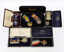 WWI trio awarded to CMT - 735 PTE A E COX ASC, three cased silver Masonic medals, two with enamel