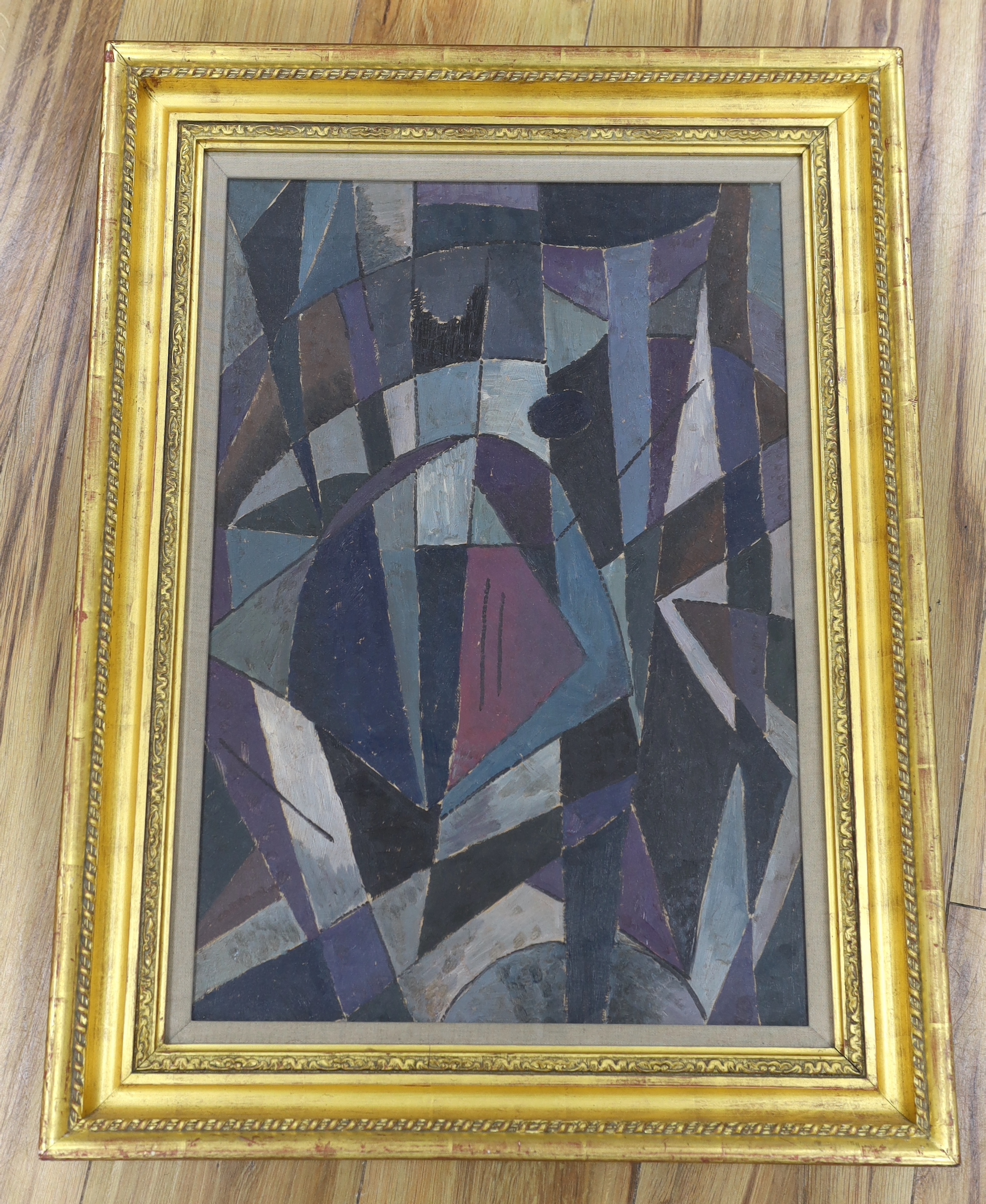 Abstract oil on board, geometric shapes, 53 x 36cm, gilt frame - Image 2 of 3