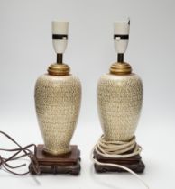 A pair of Japanese Satsuma vases mounted as lamps, total height including lamp fittings 31.5cm