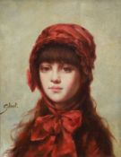 Gilbert, oil, possibly an overpainted print on board, Portrait of a girl wearing a bonnet, signed,