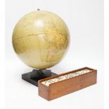 A Philips 10" Challenge globe on stand and a cased set of dominoes, globe 32cm high