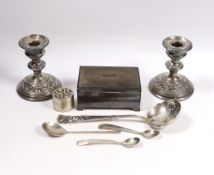 Sundry silver including a cigarette box, pair of dwarf candlesticks, modern silver circular pill box