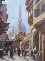 Dafni Poizet (20th. C), oil on board, Cairo street scene with figures, signed and inscribed, 40 x