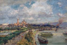 Heinrich Hermanns (German, 1862-1942), oil on canvas board, City view, signed, 22 x 32cm