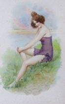 Early 20th century school, watercolour, Full length study of a bathing belle, 12 x 8cm