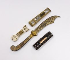 Two 19th century needle cases, one in bone, and one in gilt metal with mother-of-pearl inlay, a