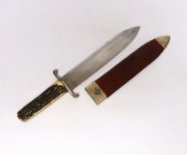 A John Wilson (founded 1750) 19th century Bowie knife, spearpoint blade with unsharpened back edge,
