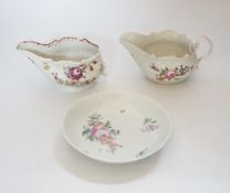 A Chaffers Liverpool saucer, c.1760 and two 18th century Christian or Pennington sauceboats,