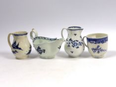 Christian or Pennington, Liverpool porcelain - a sauceboat, two milk jugs and a coffee cup,