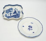 A Caughley carnation pattern plate, c.1765-70 and a fisherman pattern dessert dish c.1780, plate