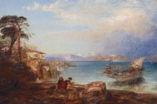 Attributed to James Baker Pyne (1800-1870), oil on board, Italian coastal landscape with gondolas,