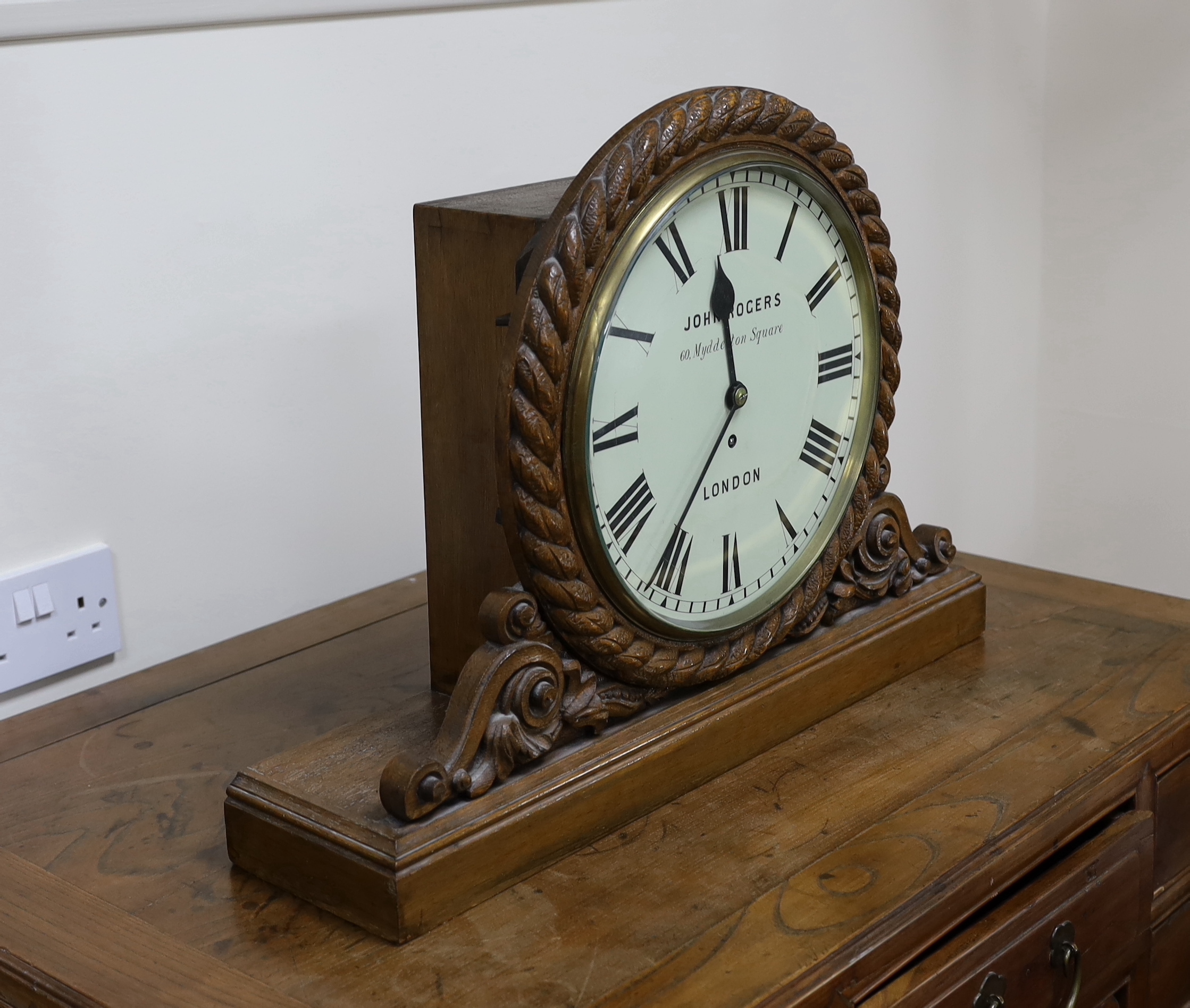 A Victorian carved oak mantel timepiece with fusee movement, signed John Rogers of London, 62cm - Image 2 of 2