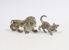 Two early 21st century silver miniature model animals, lion and playful kitten, London, 2003, lion