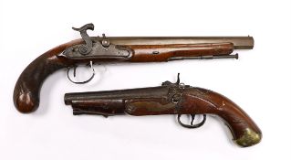 Two percussion 19th century pistols, both converted from flintlock, the larger example with engraved