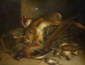 Follower of Jan Weenix (Dutch, 1642-1719), oil on canvas, Still life of dead game, applied plaque to