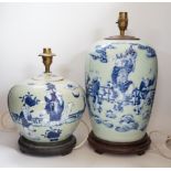 Two Chinese blue and white celadon glazed lamp bases, largest 43cm high including fitting