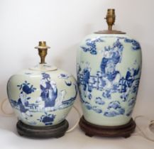 Two Chinese blue and white celadon glazed lamp bases, largest 43cm high including fitting