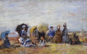 Manner of Eugene Boudin (French, 1824-1898) oil on board, Figures on a beach, 24 x 38cm, housed in a