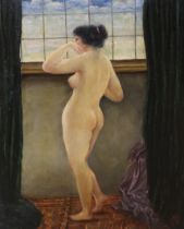 Manner of Frederick Goodall, oil on board, nude woman at a window, indistinctly monogrammed possibly