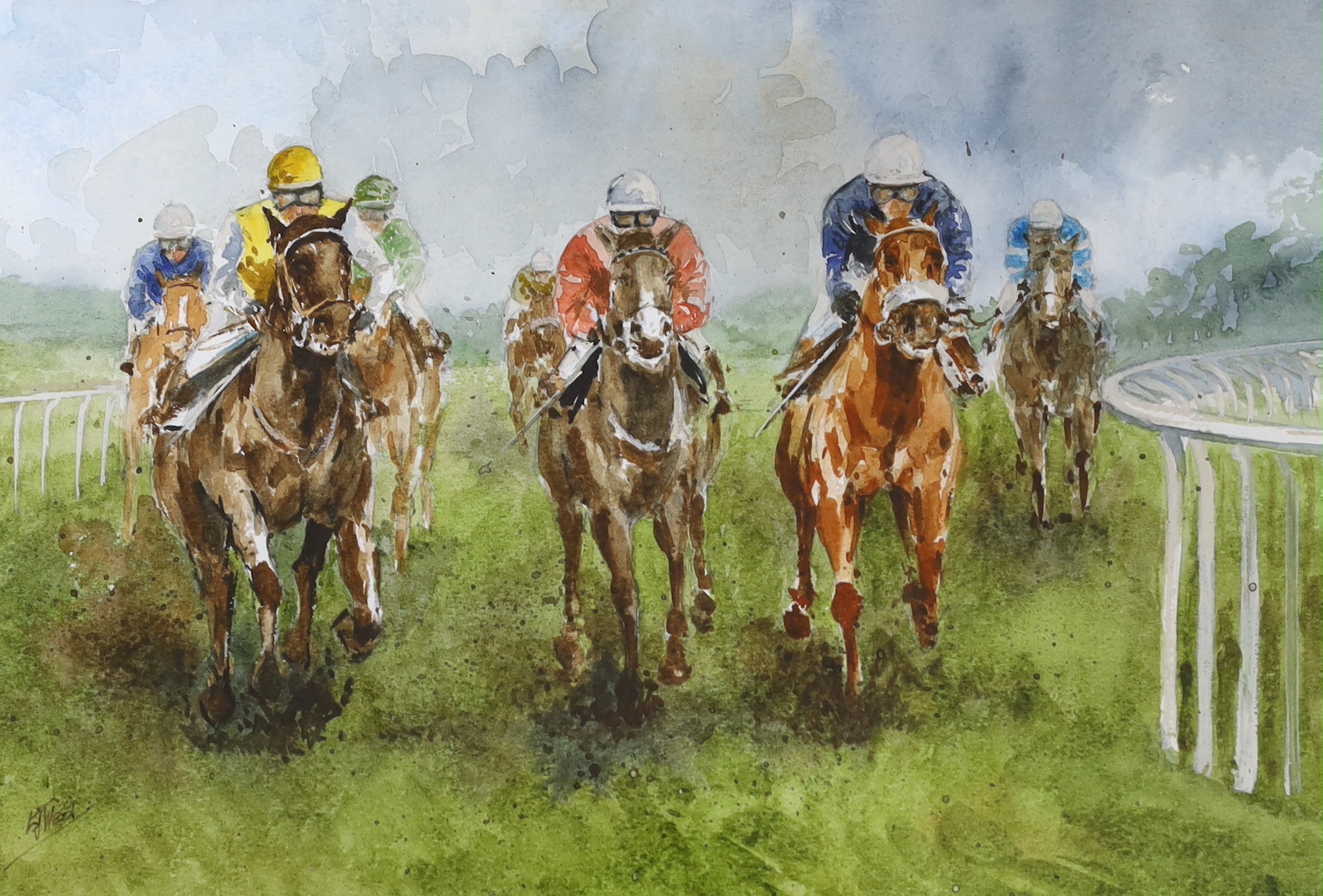 Horse racing interest, two watercolours, Jockeys on horseback, one indistinctly signed, possibly K J - Image 2 of 3