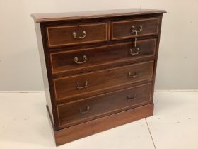 An Edwardian satinwood banded mahogany chest of five drawers, width 106cm, depth 50cm, height 107cm