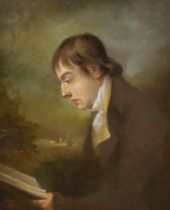 19th century English School, Portrait of the poet John Keats reading before a landscape (1795-1821),
