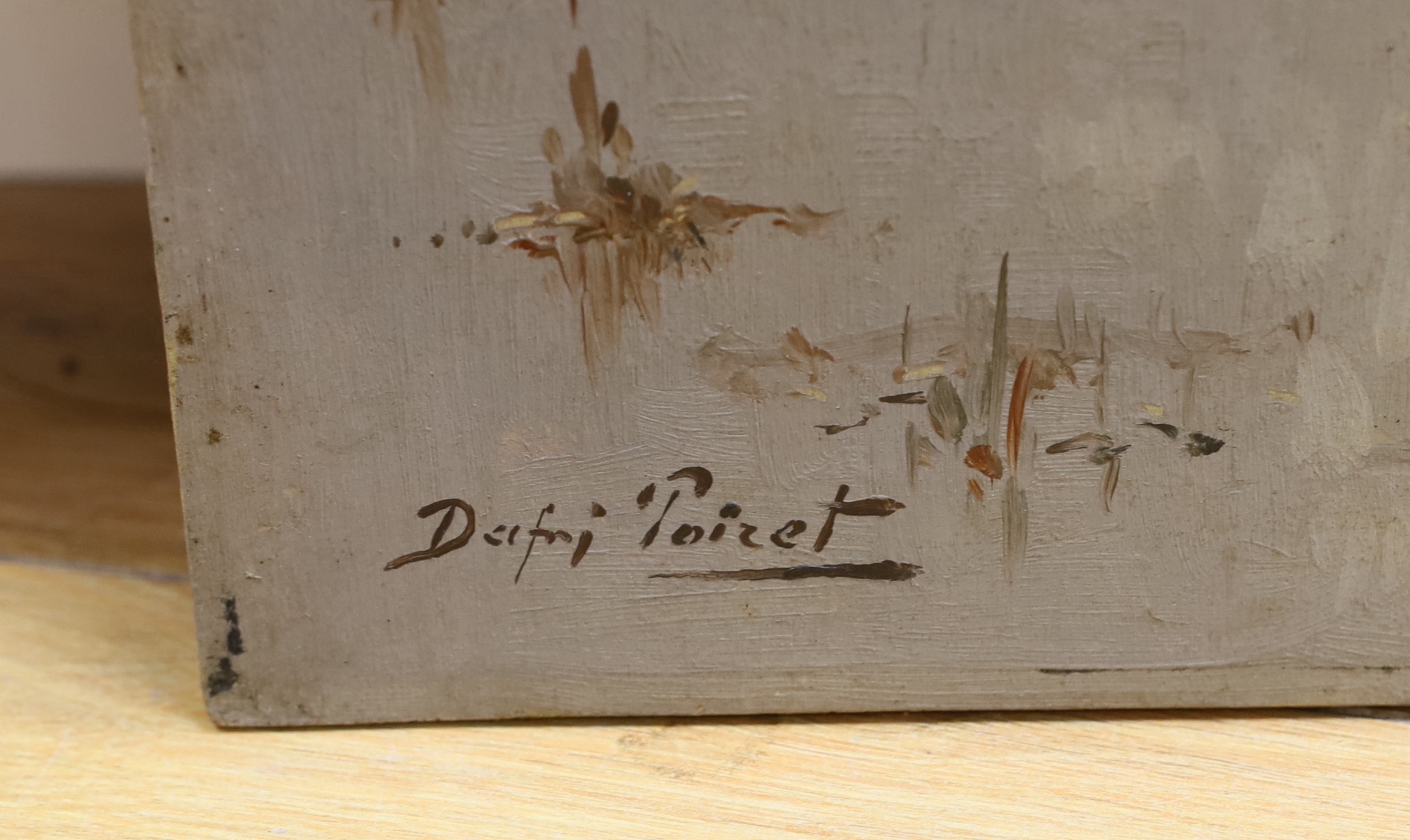 Dafni Poizet (20th. C), oil on board, Colossi of Memnon, signed, 31 x 41cm, unframed - Image 3 of 4