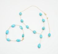 A modern Italian 750 and turquoise set drop necklace (a.f.), 54cm and a matching bracelet, gross