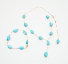 A modern Italian 750 and turquoise set drop necklace (a.f.), 54cm and a matching bracelet, gross