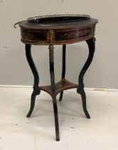 A late 19th century French marquetry inlaid ebonised and kingwood oval jardiniere table, width 56cm,