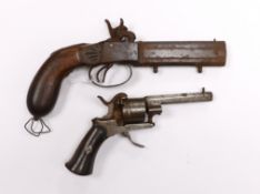 A 19th century six shot pinfire revolver with folding trigger, barrel 8cm, together with a relic