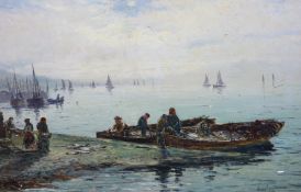 Continental School, oil on canvas, Harbour scene with moored boats and fisherfolk, indistinctly