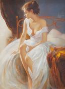 Topolski, oil on canvas, Young woman seated upon a bed, signed, 80 x 60cm